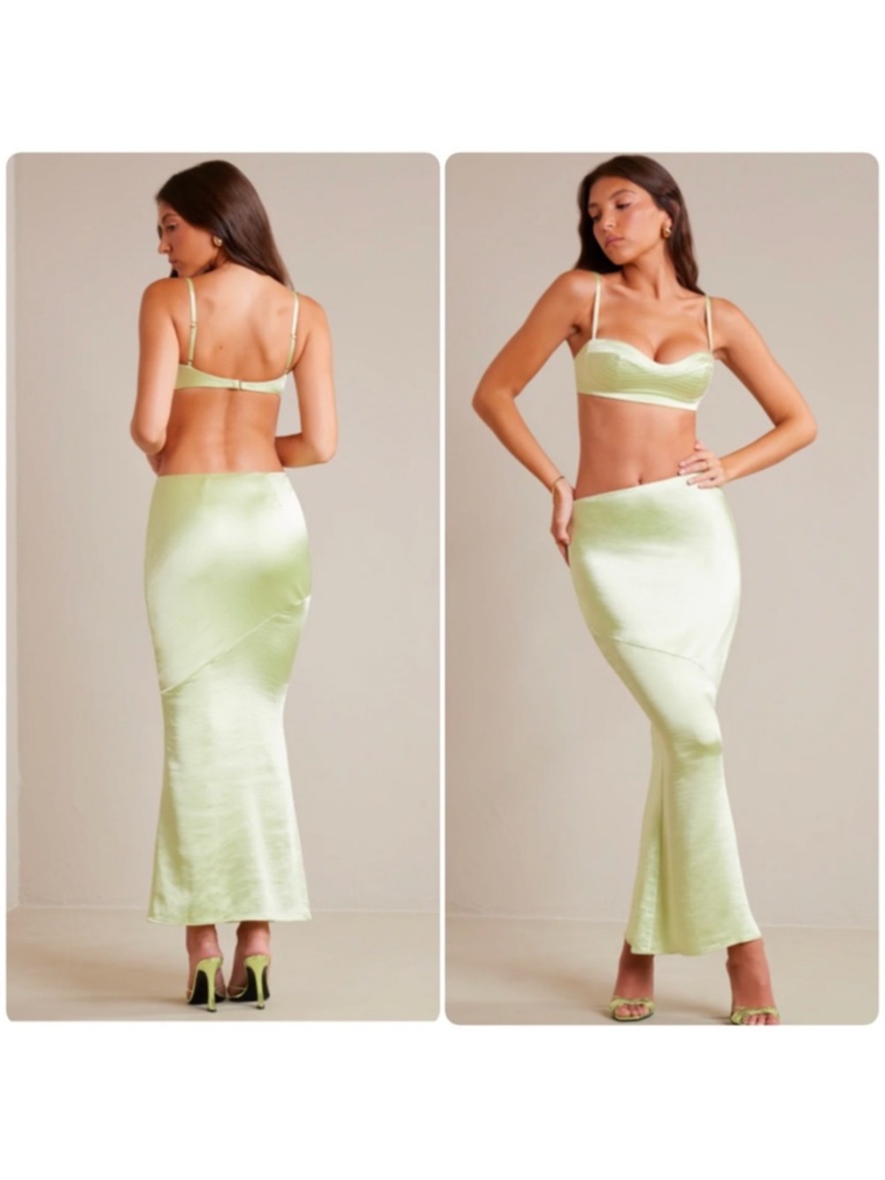 Oh Polly Satin Two-Piece Set in Pale Green